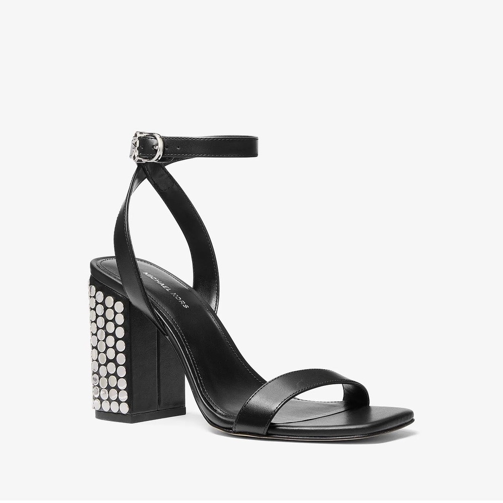 MICHAEL KORS Merriam Black Leather Silver Studded Block Heel Sandals 11